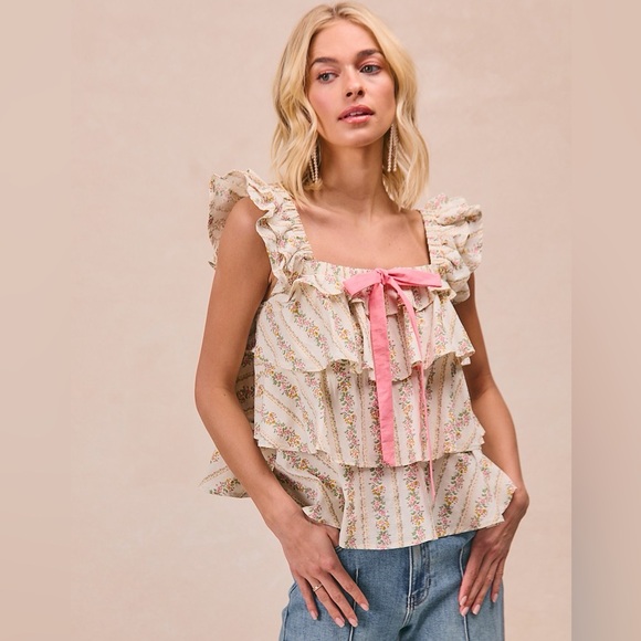 BiBi Tops - 💗BiBi Floral Printed Woven Front Bow Tied Ruffled Square Neck Sleeveless Top